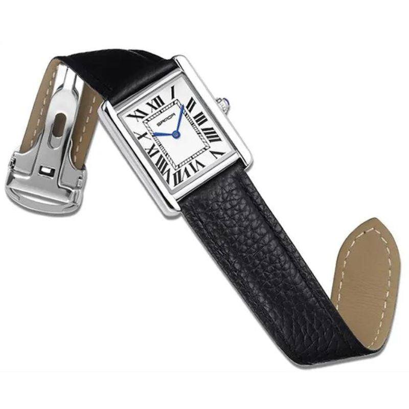 Square stainless steel and black leather watch | Solstice